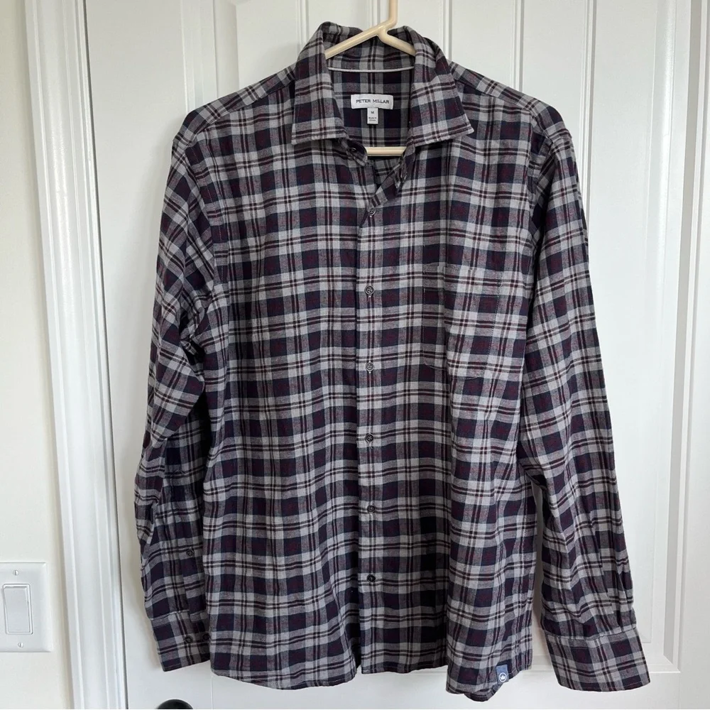 Peter Millar Mens Maroon Blue Plaid light Flannel Long Sleeve Button Down medium - Picture 2 of 5